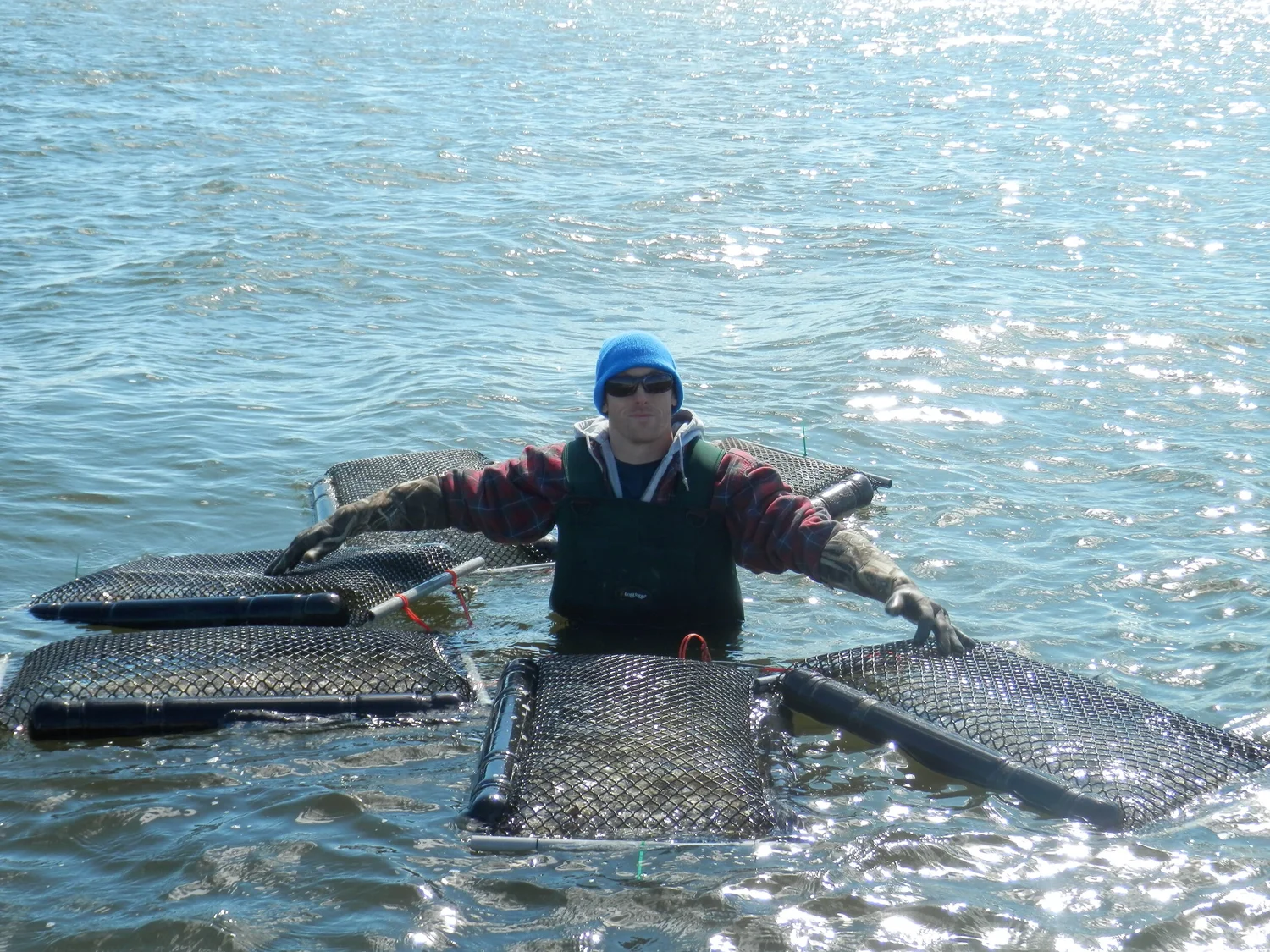 Ryan Belter holding freshly harvested oyster bags on Pamlico Sound